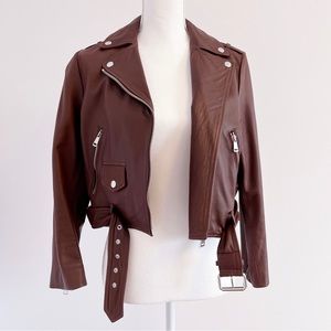Like New Lab London Leather Jacket, Cropped Moto Jacket, Oxblood Red, UK 14/US10